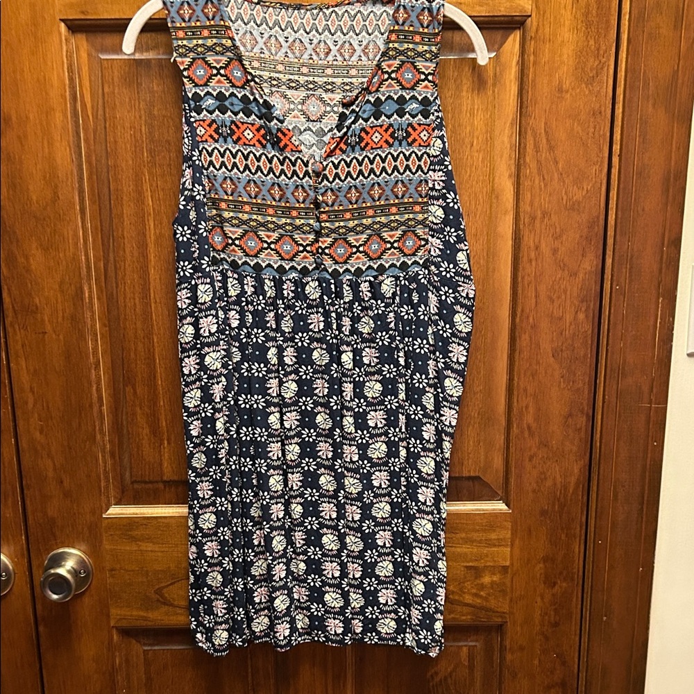 Umgee Patterned Sleeveless Dress - Navy and Orange